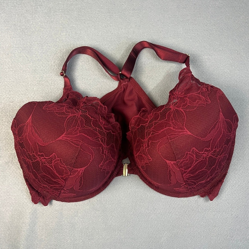 Auden Lace Push Up Plunge Bra Coquette Romantic Gothic Burgundy Nylon 42DDD